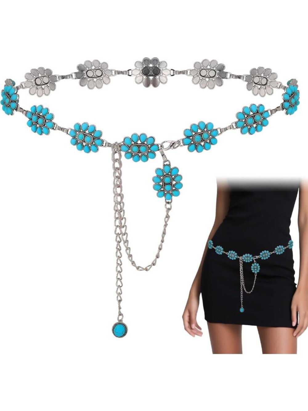 Boho Western Turquoise Concho Belt for Women - Vintage Cowgirl Style Accessory